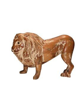Hand Carved Rustic Folk Art Lion Sculpture Carved Mane Details Gold broken tail